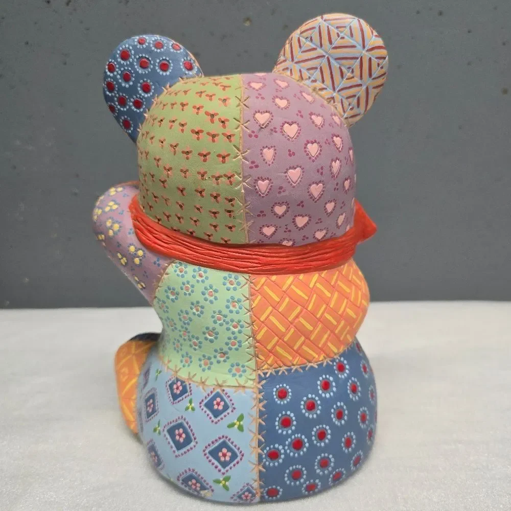 Pottery Patchwork Teddy Bear Figurine Nursery Baby Room Decor Vintage 80s Signed